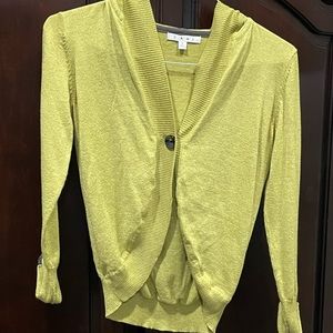 Cabi olive green sweater with brown trim